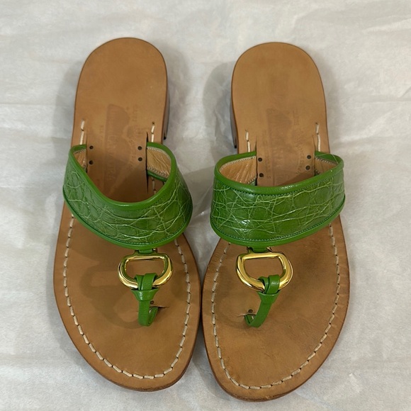AMADEO CANFORA Green Leather Sandals with Gold Accent - Picture 1 of 8
